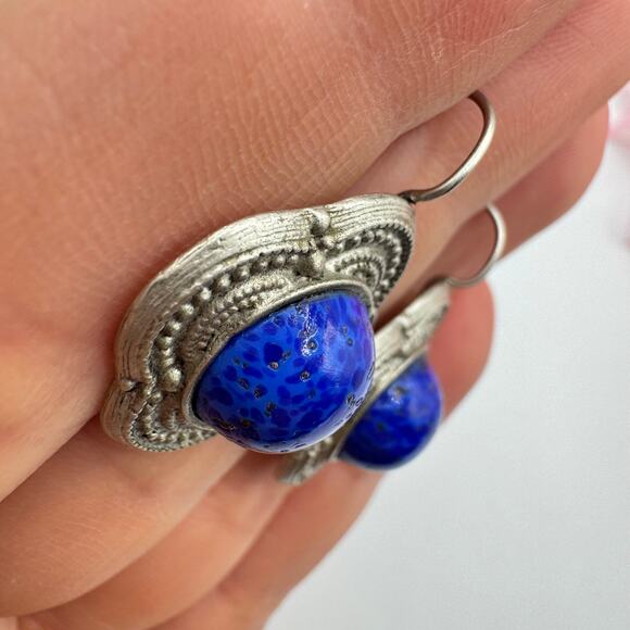 Vintage Blue Speckled Peking Glass Cabochon Earrings Etruscan Revival Bohemian - Picture 4 of 13